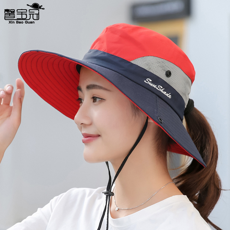 Summer women's outdoor sun hat ponytail hole fisherman hat sun protection sun hat breathable mountaineering hat parent-child style