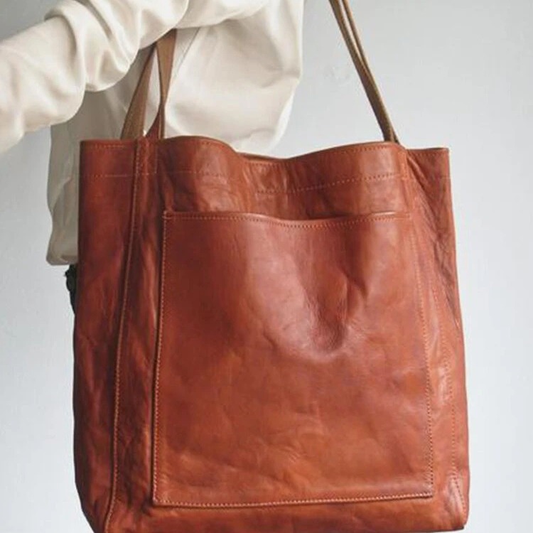 Women's soft leather hand-held shoulder retro waxed leather large-capacity new tote bag with pocket