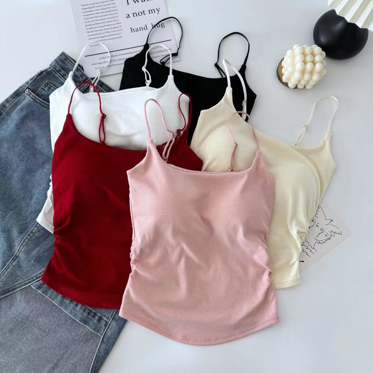 Human cotton beautiful back camisole women's slim bottoming with breast pads versatile pleated waist slimming top