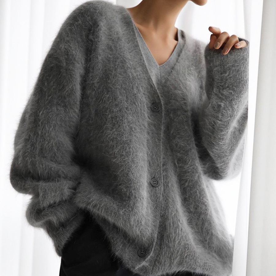 European and American cross-border mink V-neck knitted sweater for women 2024 autumn and winter new loose solid color foreign trade cardigan women's coat