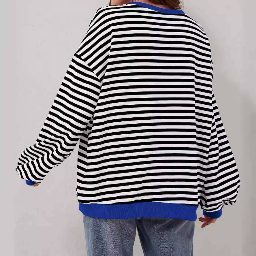 Spring simple home cross-border leisure new striped pattern round neck trendy long-sleeved pullover Color block T-shirt