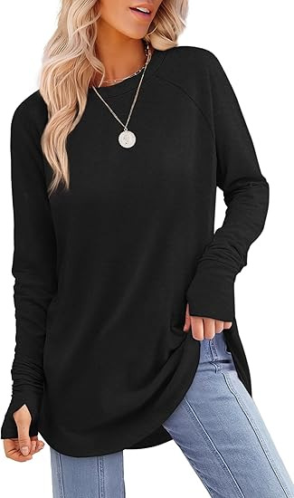 2024 European and American women's round neck solid color finger-split long-sleeved tops loose mid-length bottoming shirt