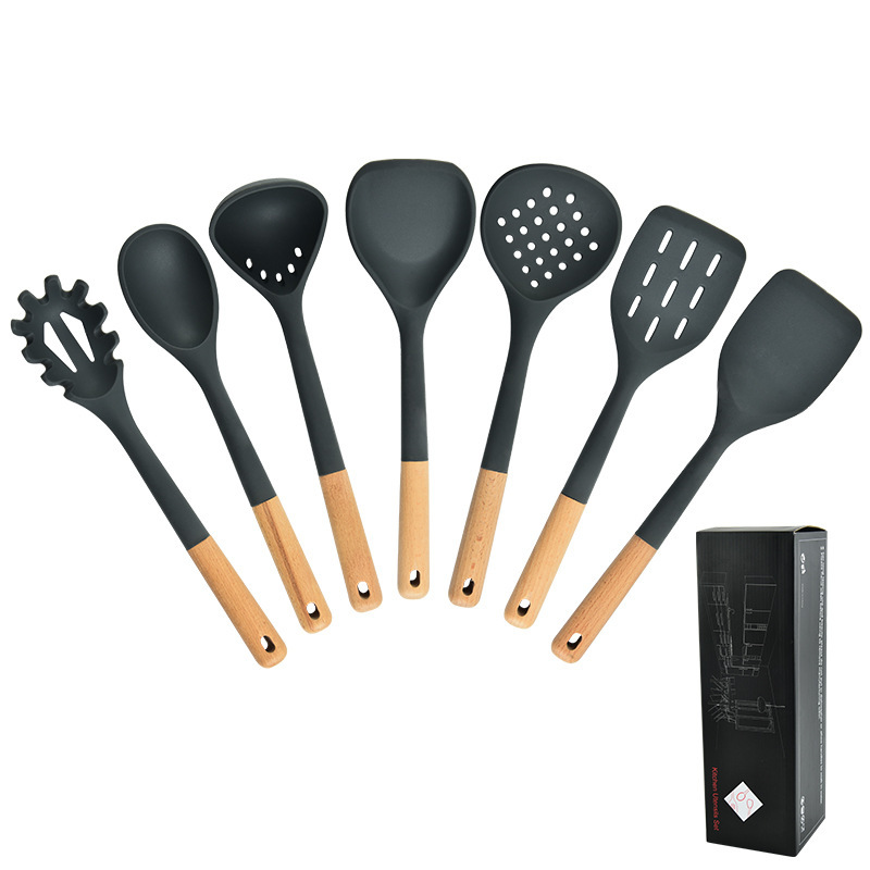 Spot wholesale wooden handle silicone kitchenware 7-piece set kitchen baking tools silicone spatula colander frying spatula set