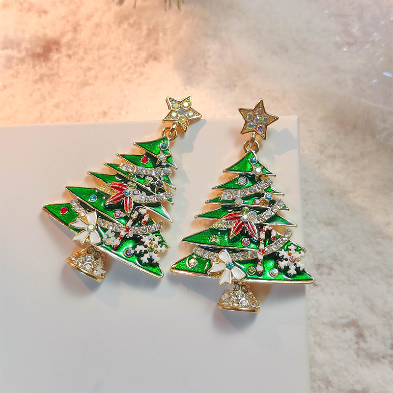 Cross-border European and American new diamond Christmas tree female ins style creative design colorful Christmas earrings wholesale