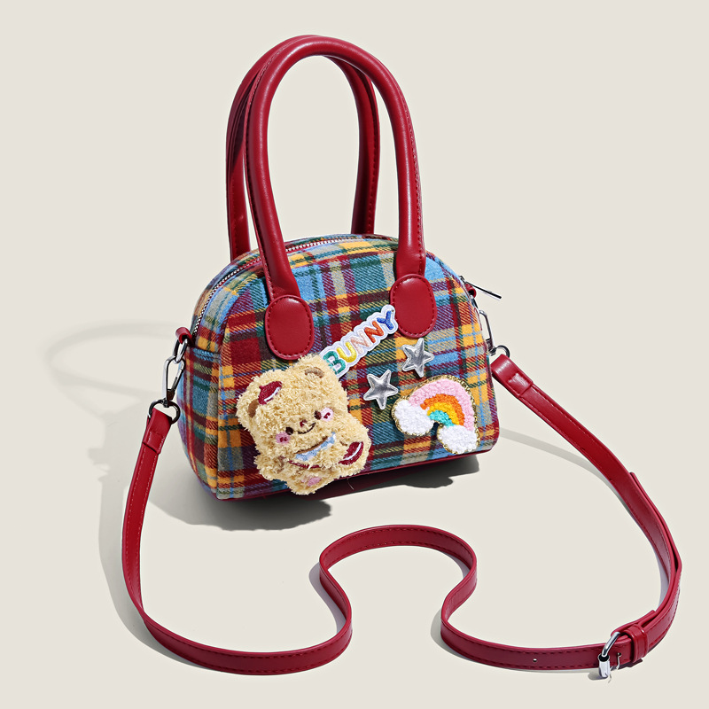 Exquisite plaid ins bag for women cute little brown bear fashion handbag high value commuter coin purse messenger bag