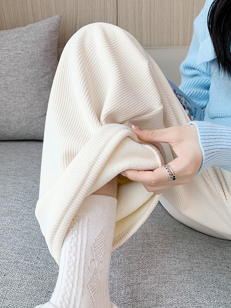 H506 Plush Wide Leg Pants Women Autumn and Winter High Waist Drape Loose Slim Corduroy Straight Floor-Mopping White Casual Pants