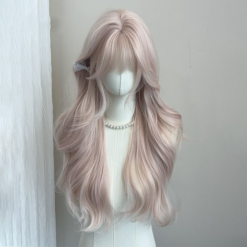 Wig female pink long hair misty pink gold long curly hair with bangs Japanese soft girl natural JK full head cover cos