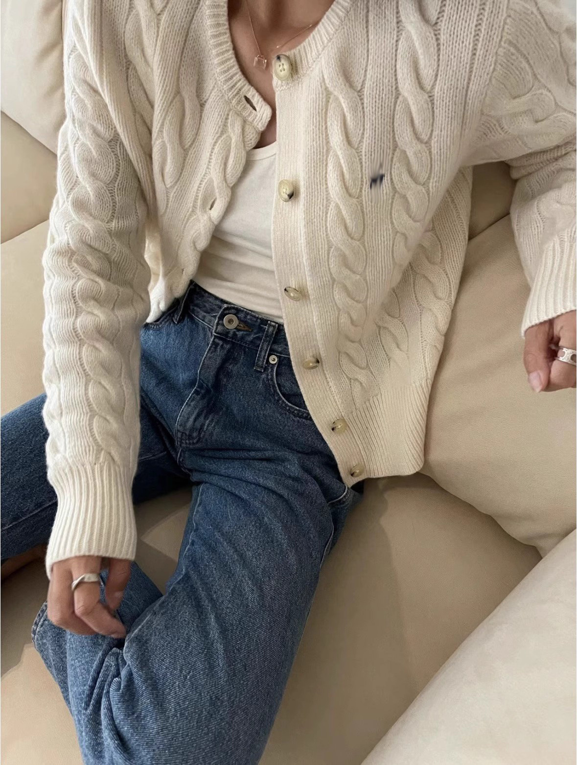 Counter style pony embroidery wool cable knitted retro cardigan women's autumn and winter sweater round neck thick coat top