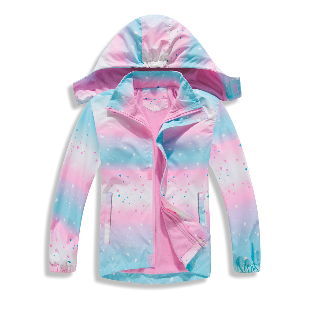 Children's waterproof hooded open-chested zipper shirt children's jacket with flower clips girls autumn and winter cross-border windbreaker sports jacket