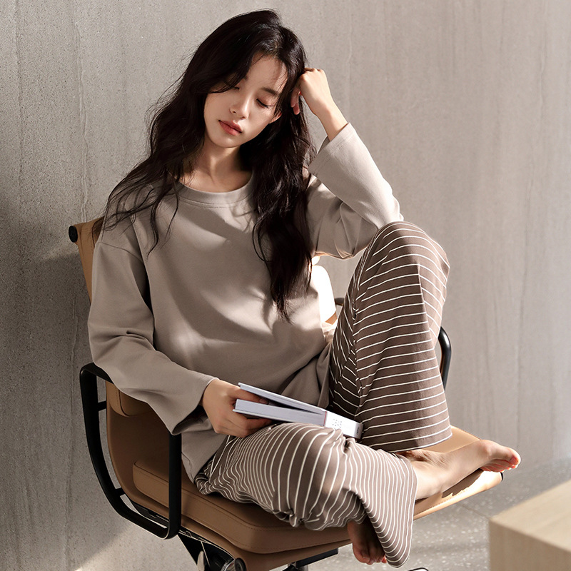 Pajamas women's pure cotton round neck pullover long sleeve suit autumn and winter casual wear casual ladies home clothes