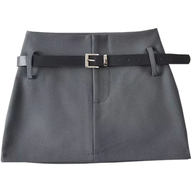 Gray suit with belt hip skirt for women spring new style high waist slim black skirt hot girl mini skirt