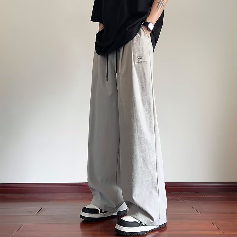 Ice silk wide-leg pants men's summer thin quick-drying sports pants straight loose casual trousers American high street pants
