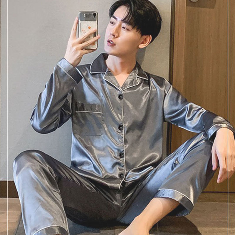 Men's Pajamas Long Sleeve Thin Ice Silk Youth Home Clothes Silk Suit Large Size
